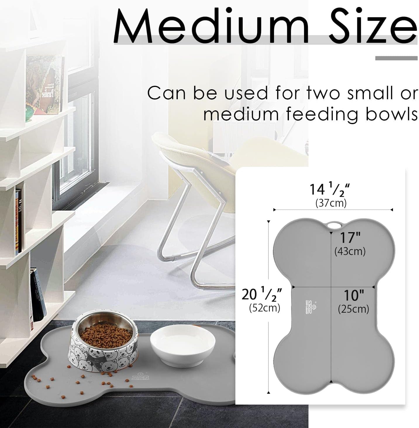 Silicone Waterproof Dog Food Mat and Bowl Tray, Easy-Clean Puppy Placemat, 20.5" x 14.5", Grey