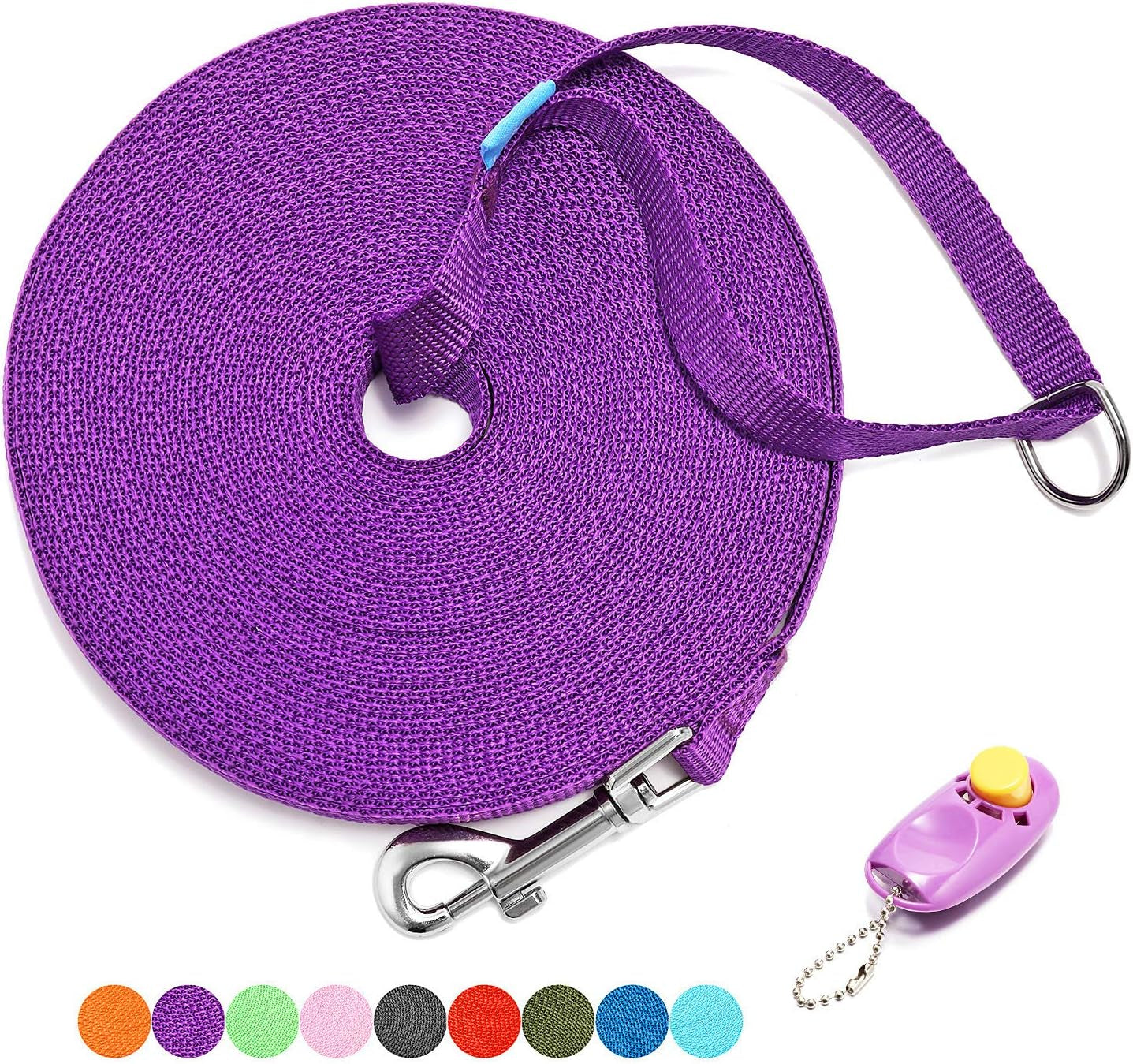 Professional Dog Training Leash with Clickers - Multiple Lengths Available for Dogs and Cats (30 Feet, Purple)