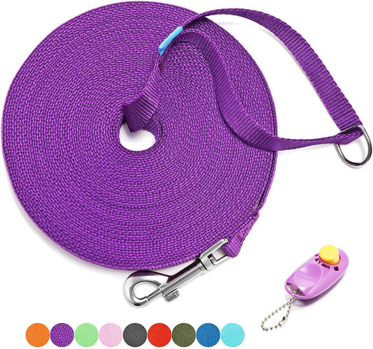 Professional Dog Training Leash with Clickers - Multiple Lengths Available for Dogs and Cats (30 Feet, Purple)