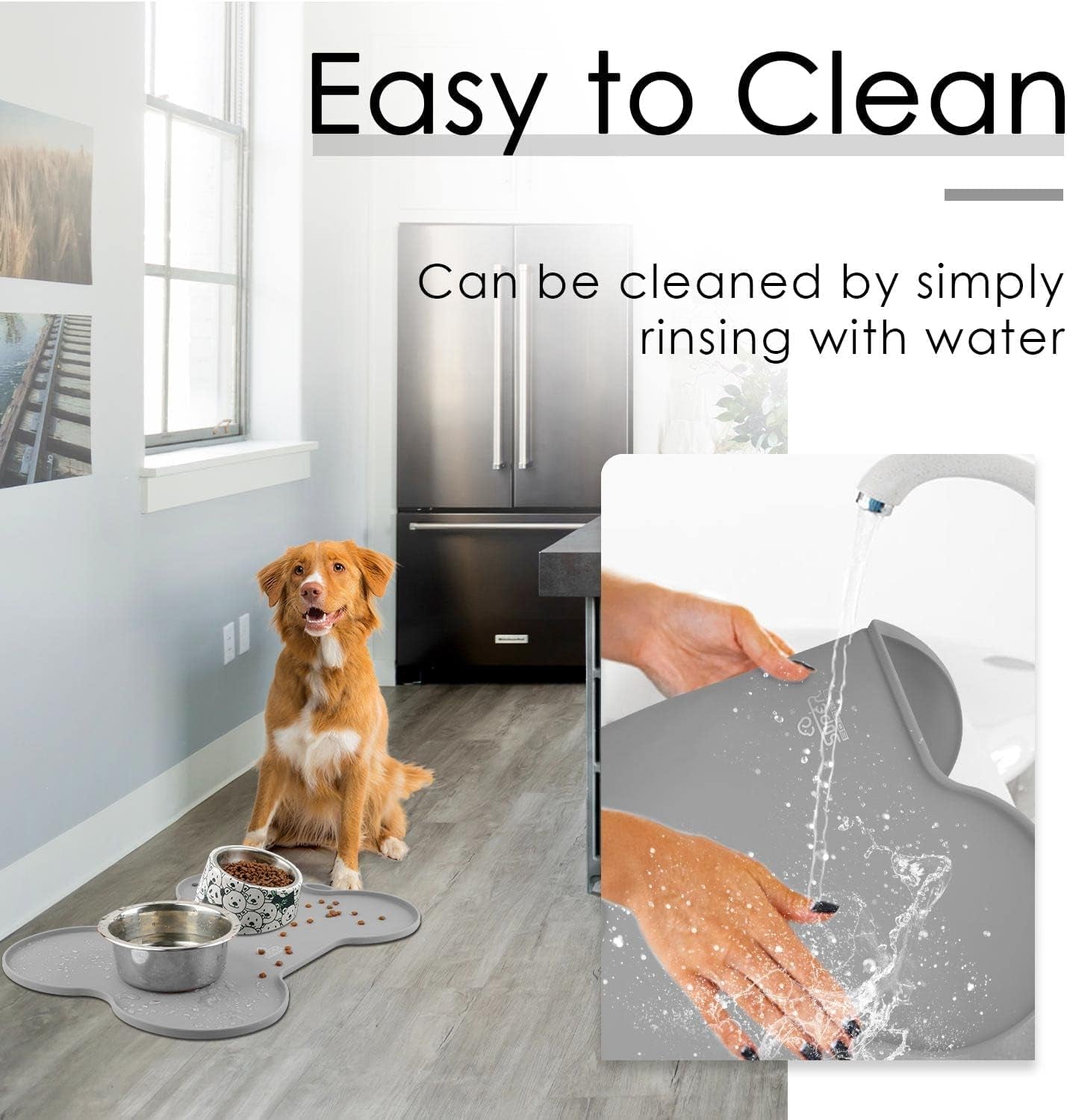 Silicone Waterproof Dog Food Mat and Bowl Tray, Easy-Clean Puppy Placemat, 20.5" x 14.5", Grey