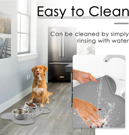 Silicone Waterproof Dog Food Mat and Bowl Tray, Easy-Clean Puppy Placemat, 20.5" x 14.5", Grey