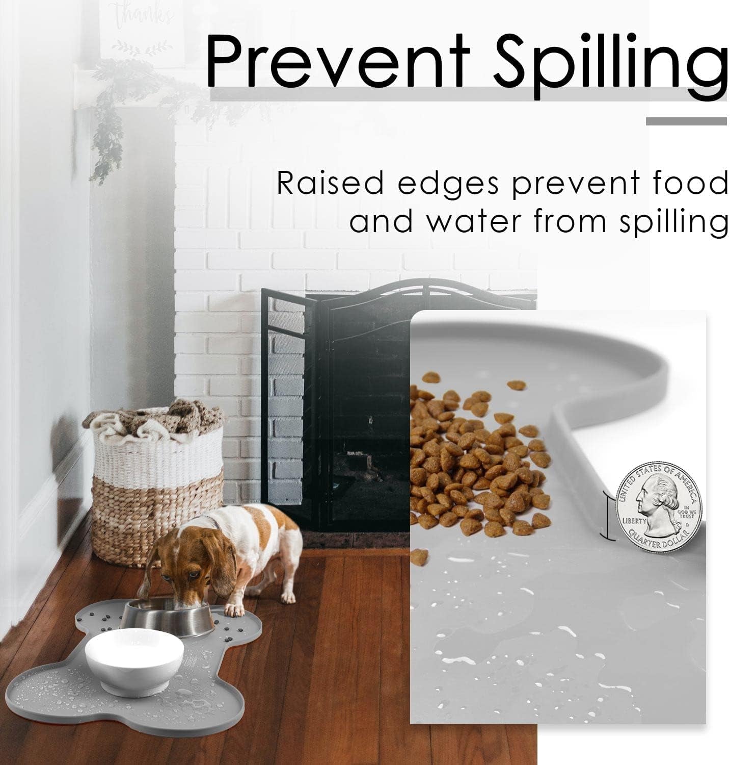 Silicone Waterproof Dog Food Mat and Bowl Tray, Easy-Clean Puppy Placemat, 20.5" x 14.5", Grey