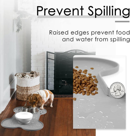 Silicone Waterproof Dog Food Mat and Bowl Tray, Easy-Clean Puppy Placemat, 20.5" x 14.5", Grey