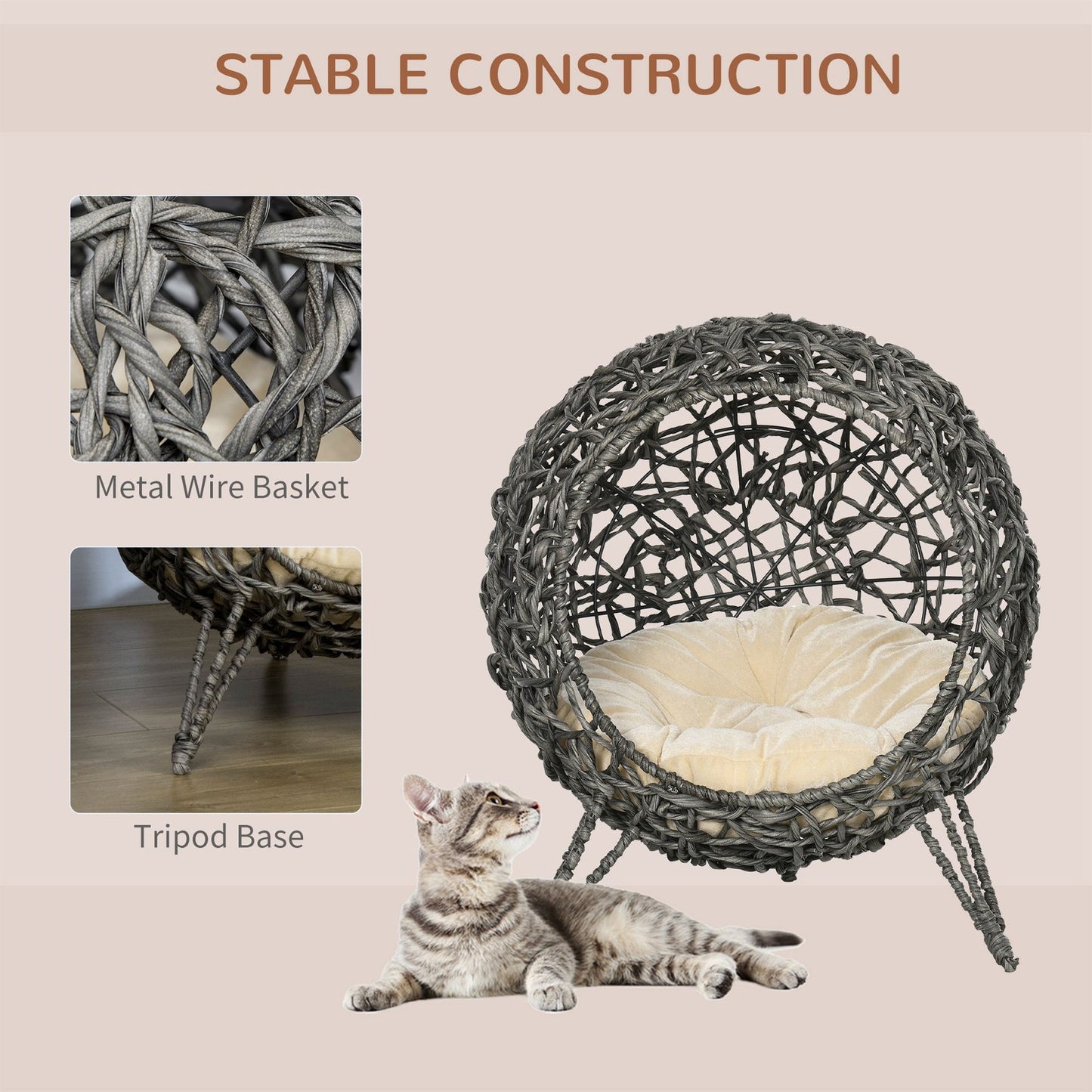 Pawhut Rattan Elevated Cat House with Cushion - Grey Pet Furniture