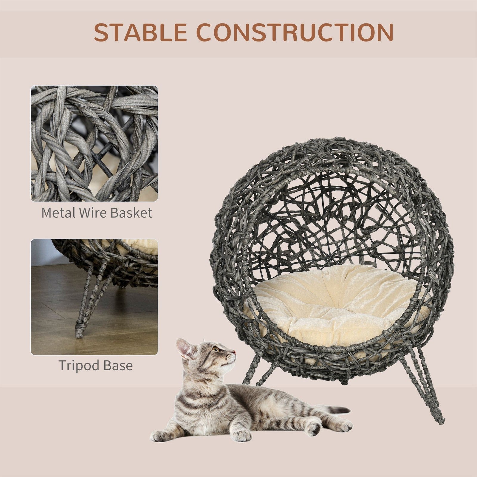 Pawhut Rattan Elevated Cat House with Cushion - Grey Pet Furniture