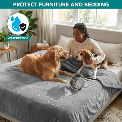 Waterproof Reversible Sherpa Fleece Dog Blanket, 90x90 Queen Size, Pee-Proof Furniture Protector for Couches and Beds, Soft Washable Cover for Large Dogs and Cats, Light Grey