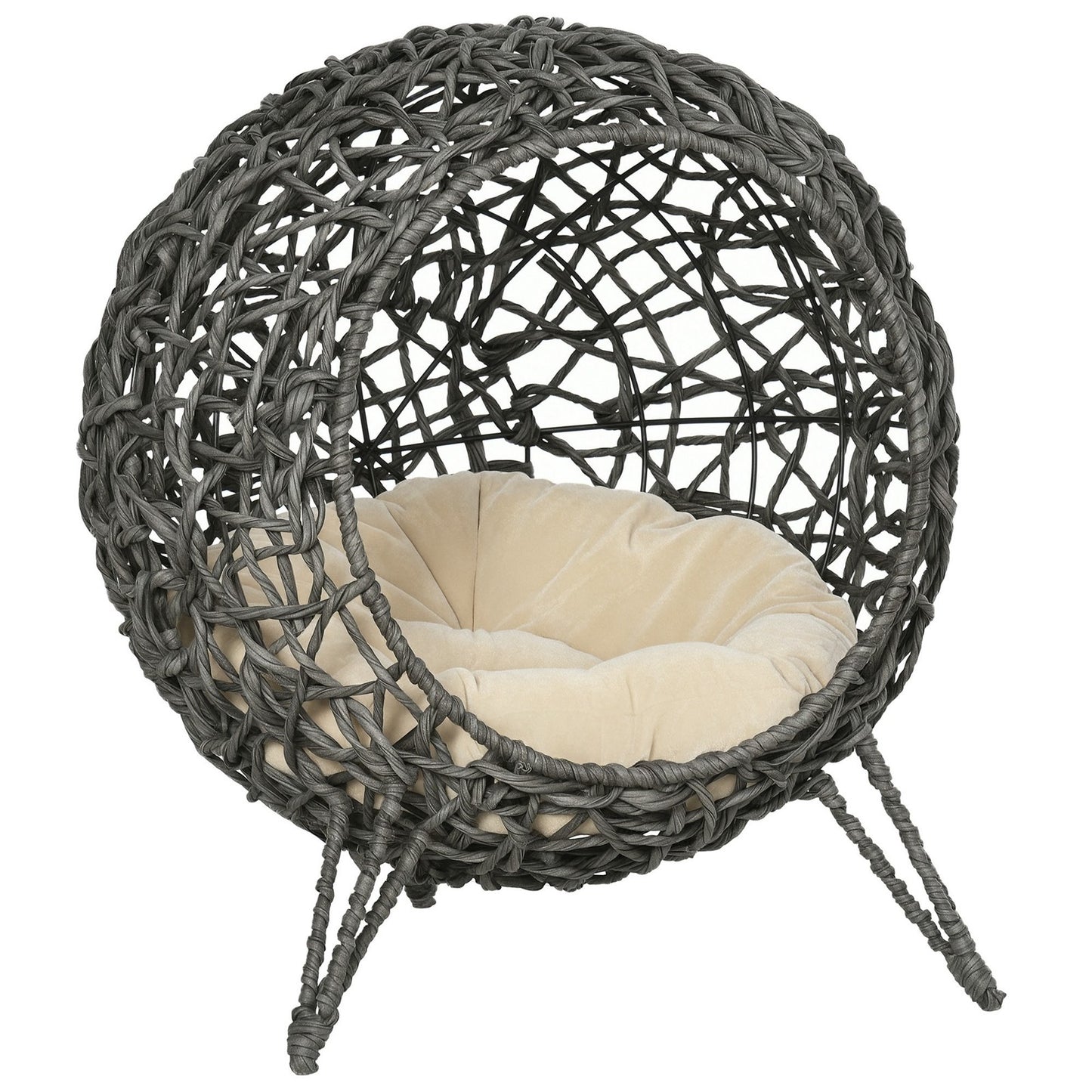 Pawhut Rattan Elevated Cat House with Cushion - Grey Pet Furniture