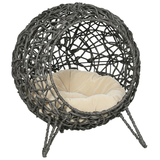 Pawhut Rattan Elevated Cat House with Cushion - Grey Pet Furniture