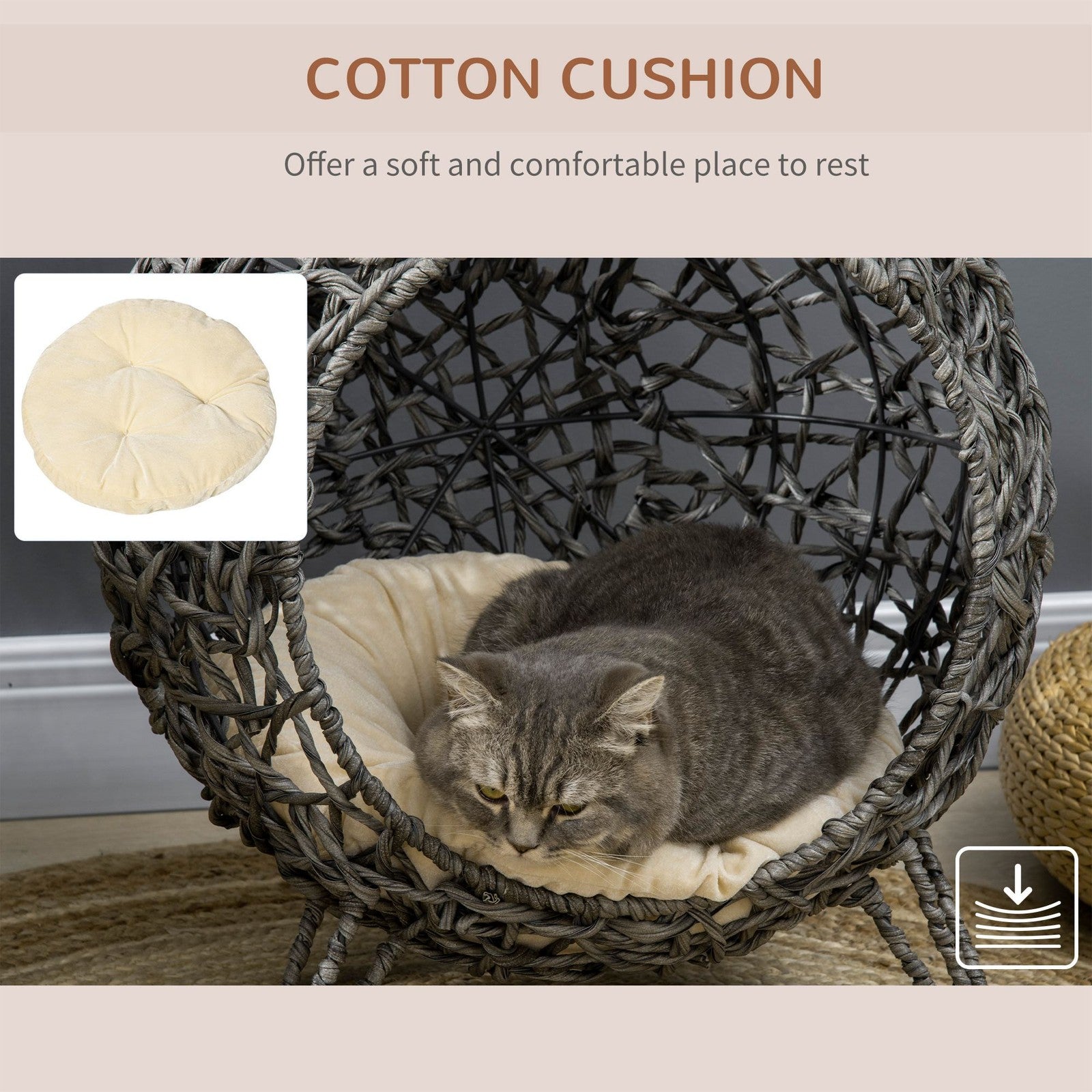 Pawhut Rattan Elevated Cat House with Cushion - Grey Pet Furniture