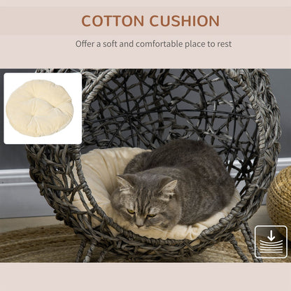 Pawhut Rattan Elevated Cat House with Cushion - Grey Pet Furniture