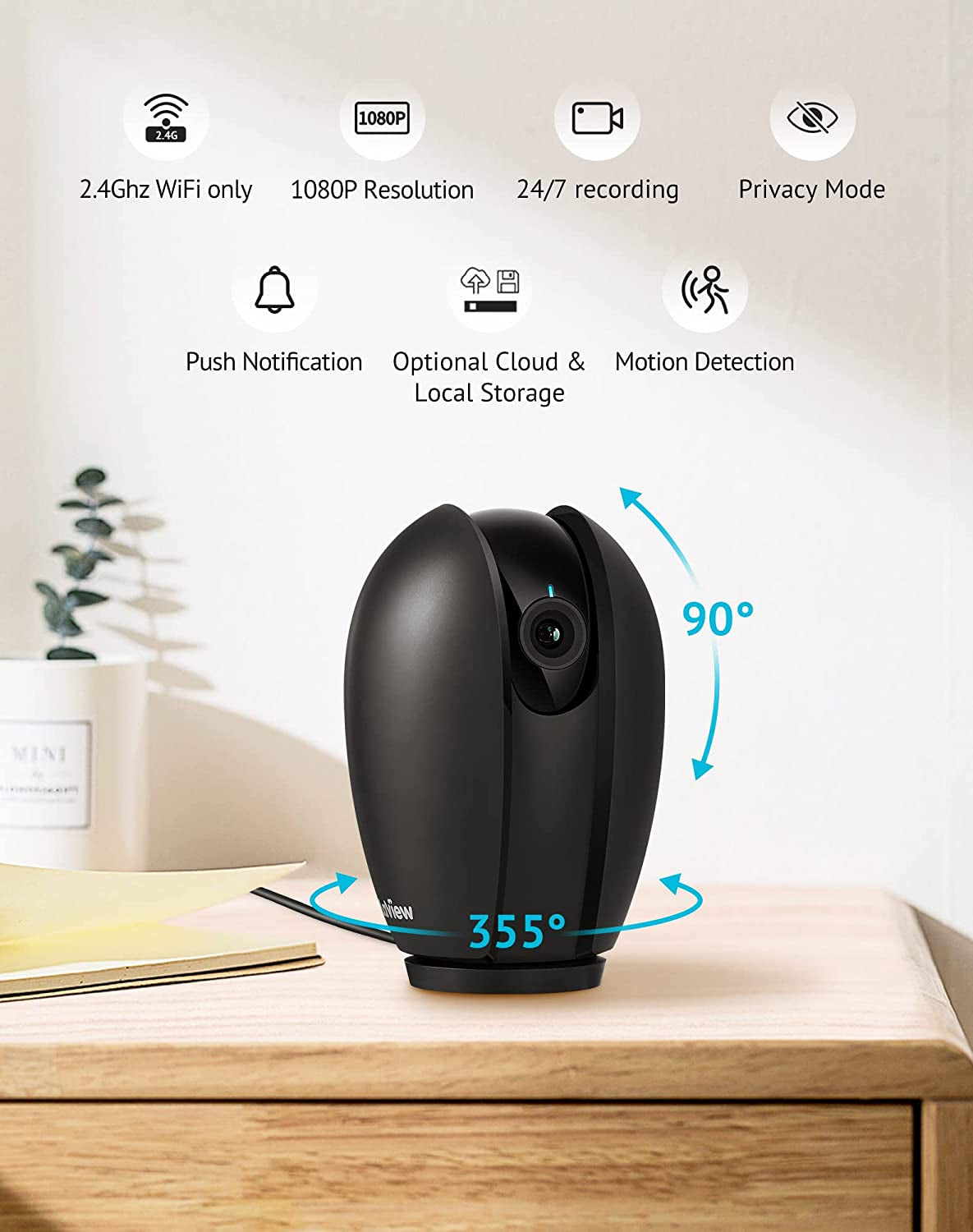 Indoor 1080P Security Camera with Sound and Motion Detection, 360° Baby Monitor and Pet Camera, Wi-Fi Connectivity, Two-Way Audio, Night Vision, SD and Cloud Storage, Compatible with Alexa
