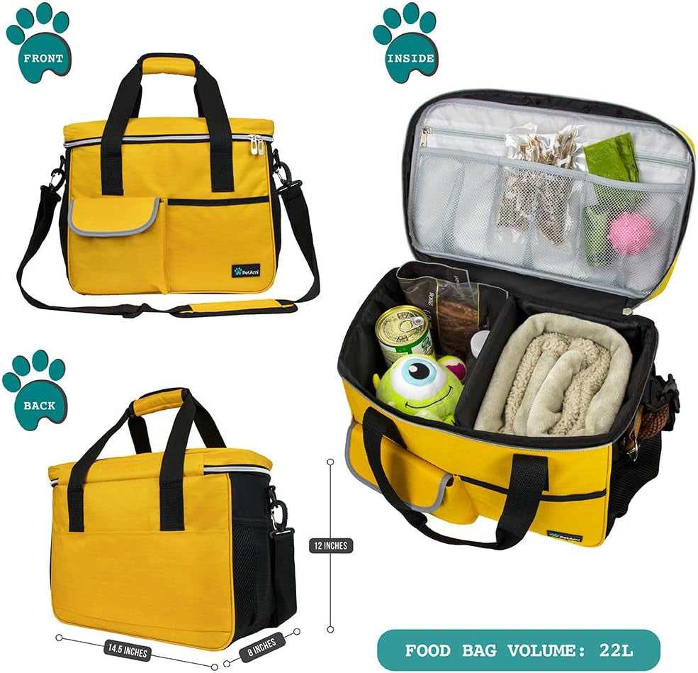 Pet Travel Organizer Tote with Food Containers and Collapsible Bowls - Medium Yellow Bag with Luggage Sleeve for Weekend Getaways and Camping Essentials