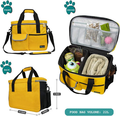 Pet Travel Organizer Tote with Food Containers and Collapsible Bowls - Medium Yellow Bag with Luggage Sleeve for Weekend Getaways and Camping Essentials